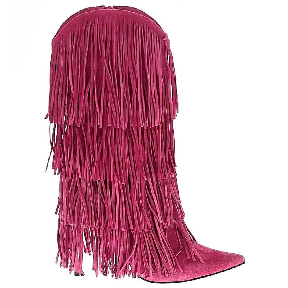 💋OBSESSED!💋 Genuine Leather Wildhorse Fringe Stiletto Boots in Fuchsia - Picture 10 of 13